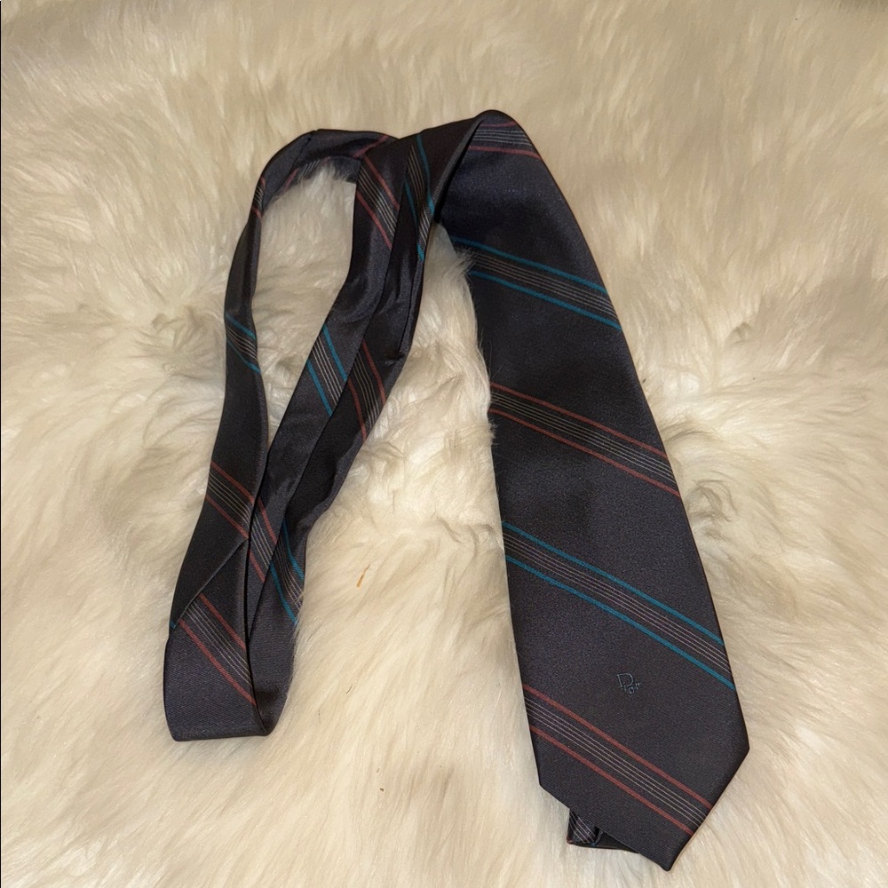 Dior Gray Tie with Red and Blue Stripes
